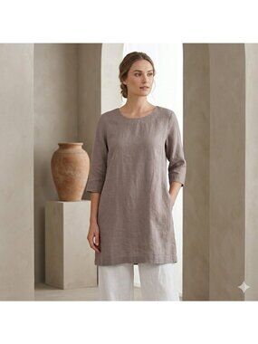 Len Ok Blue Linen Tunic Top Small S Lagenlook Pockets Boho Beachy 3/4 Sleeve New